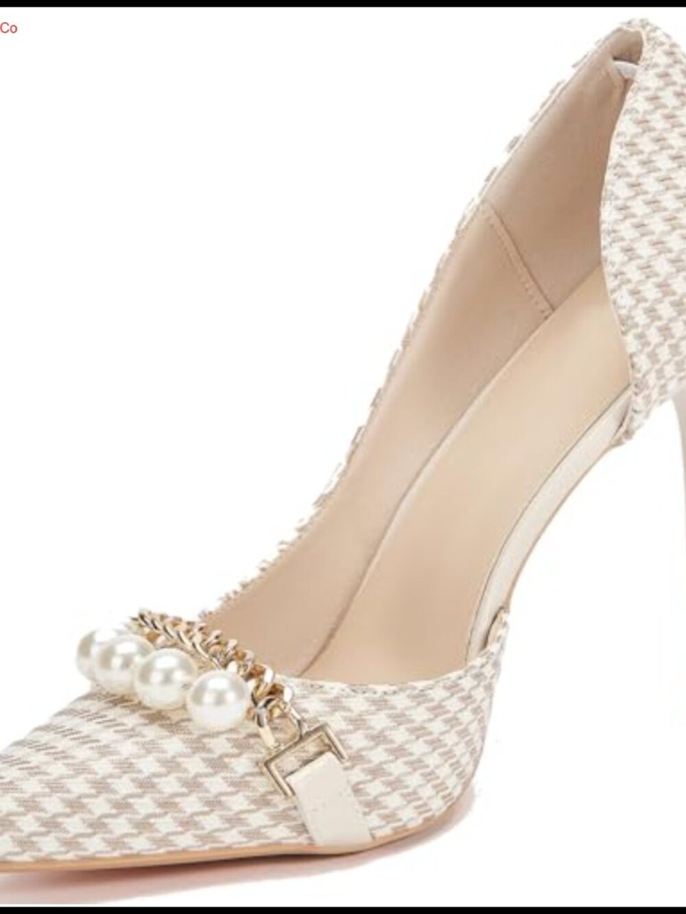 Womens Pointed Toe Stiletto Heels Knitted Houndstooth Pearl Chain Pull-On Pumps
